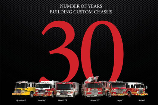 Black and red graphic commemorating the 30th anniversary of Pierce Manufacturing building custom chassis. 