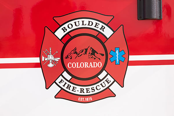 The Boulder Fire-Rescue in Colorados patch graphic on a fire truck.