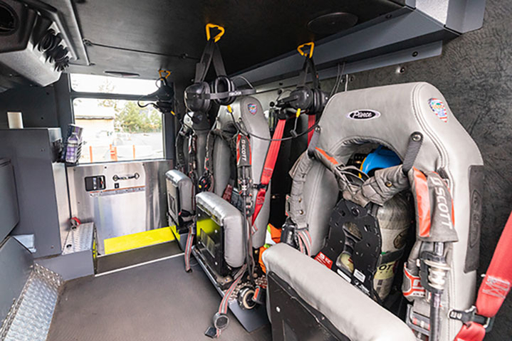 Interior crew cab seating on Velocity custom fire truck chassis.
