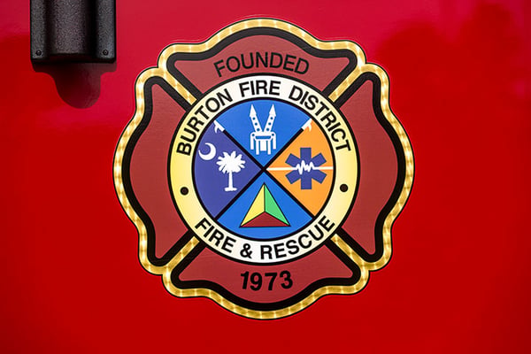 Burton Fire District in South Carolina's patch graphic on a fire truck door.