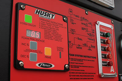 Pierce Husky™ Foam System Control Panel on the side of a Pierce Fire Truck.