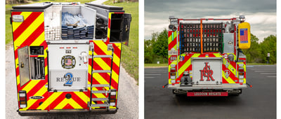A graphic shows two side-by-side images of the back of fire trucks, one with a high hosebed and one with a low hosebed.