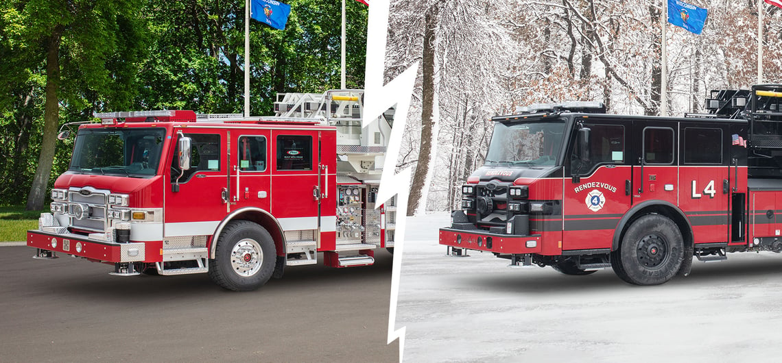 Two red heavy-duty aerial tower fire trucks are compared side-by-side with a lightning bolt between them.