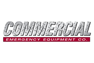 A logo for Commercial Emergency Equipment with ‘Commercial’ styled with a silver diamond tread pattern and ‘emergency equipment co’ written in white on a red rectangle. 
