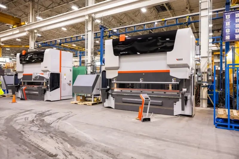Two new Bystronic Xpert Pro press brakes installed on the Pierce Manufacturing fabrication floor.