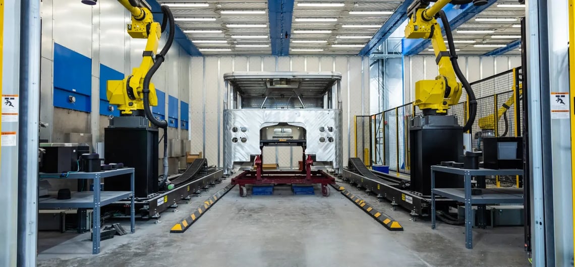 Advanced robotic buffing and sanding cell at a Pierce fire apparatus manufacturing facility.