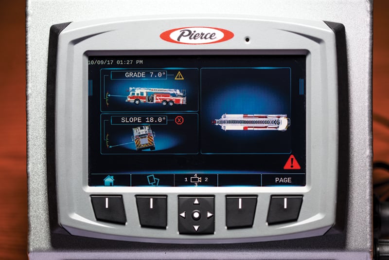 A screen inside a fire truck cab shows Pierce Manufacturing’s automated fire truck leveler system in action. 
