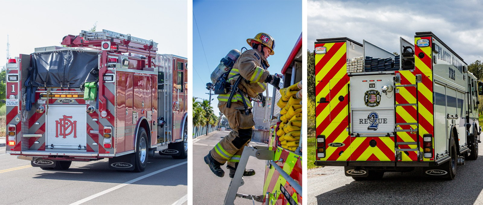A three-frame photo shows various ladder options that allow firefighters to access the top of a fire truck.