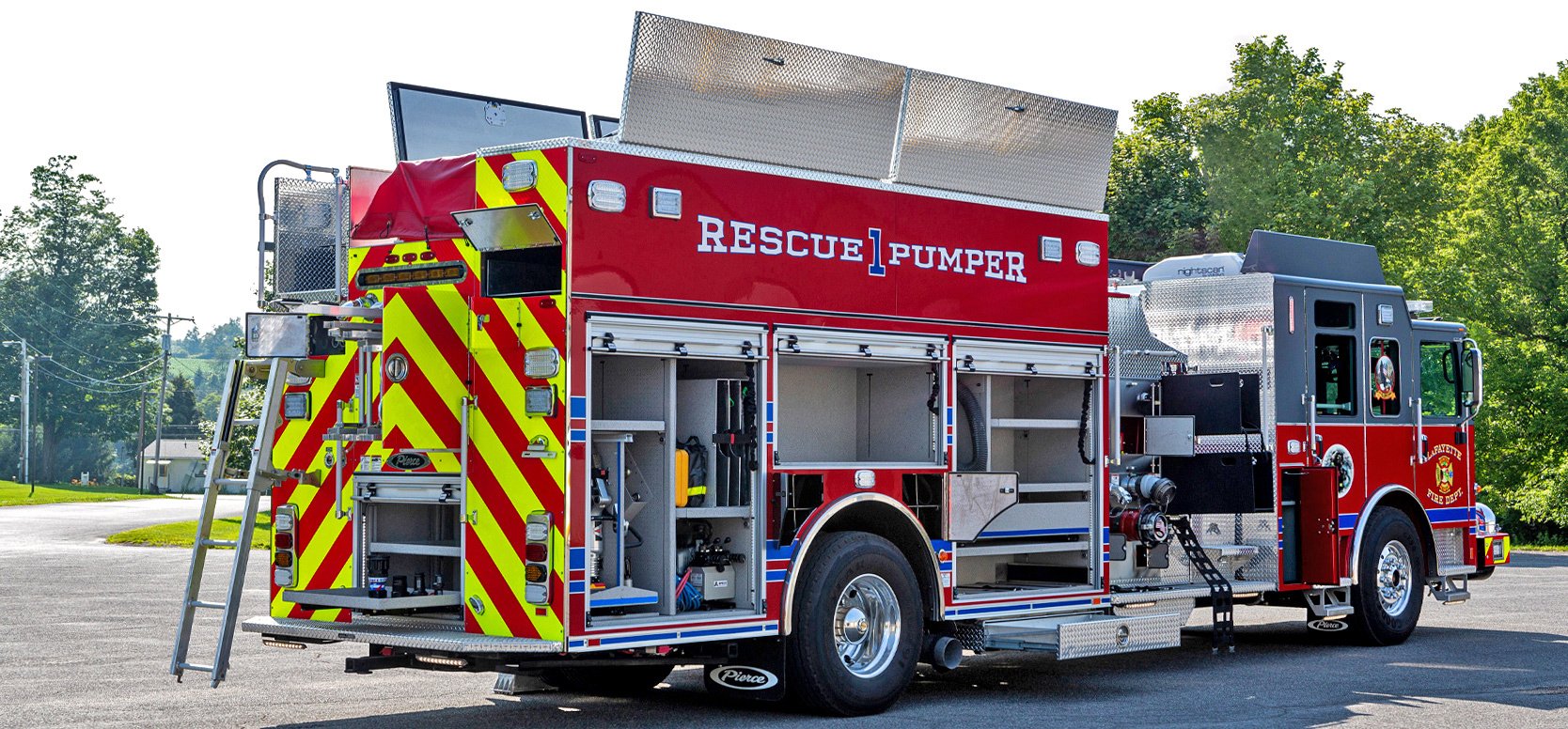 A red fire truck with blue striping is positioned to show the top access ladder at the rear of the truck and open hatch and body compartments.