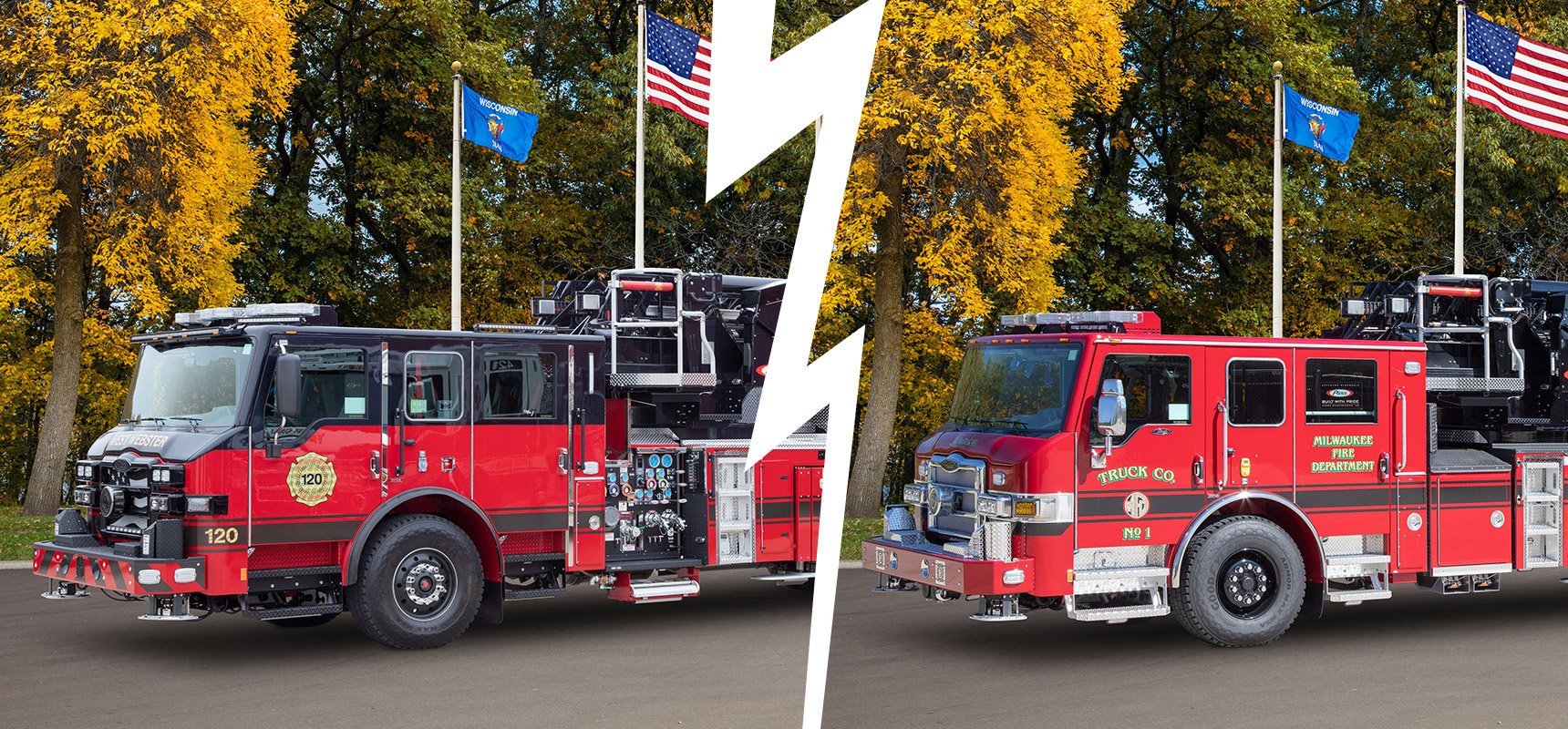 A side by side image shows two red and black aerial fire trucks parked with flags in the background, one with a pump and tank and one with no pump and no tank. 