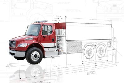 A red freightliner fire apparatus is isolated on a white background with the body of the vehicle shown as a schematic drawing using the Build My Pierce tool. 