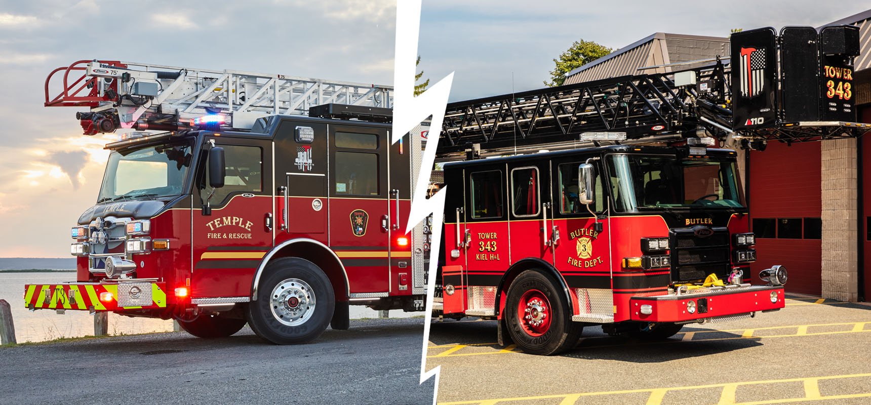 A side-by-side image shows a ladder fire truck and a platform fire truck.