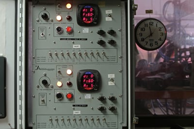 A fire truck panel is pictured as the fire truck generator undergoes UL testing. 