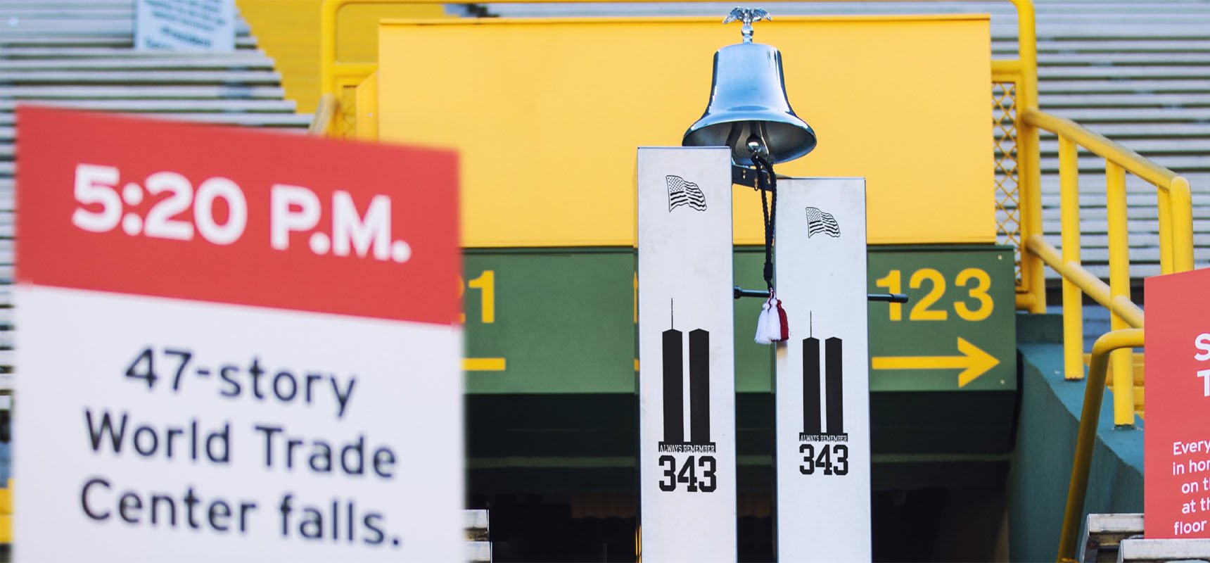 The bell commemorating the 343 fallen fire fighters who died on 9/11 is pictured at the 9/11 Memorial Stair Climb at Lambeau Field presented by Pierce Manufacturing.