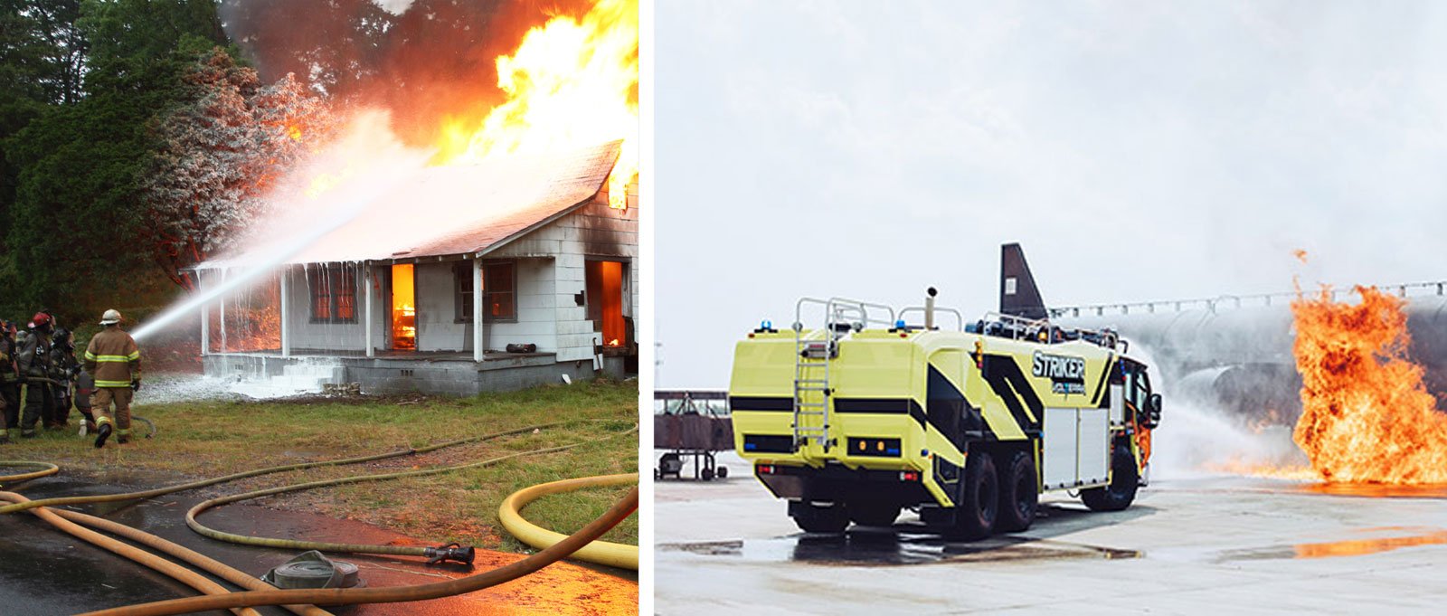A side-by-side image of fire suppressions systems shows municipal firefighters using foam to put out a fire at a house and a yellow and black ARFF vehicle using foam to put out a fire on an airplane. 