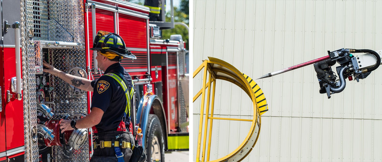 A side-by-side comparison shows a firefighter at the pump panel of a municipal fire truck next to a high reach extendable turret demonstrating how it approaches an airplane shell.