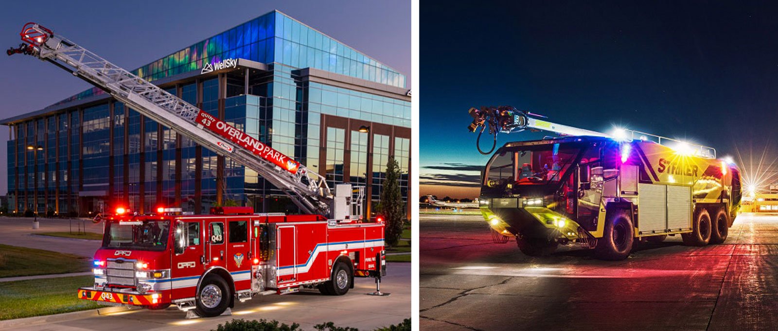 A side-by-side photo of night scenes shows a red municipal fire truck with an extended aerial device and an ARFF vehicle parked at an airport, both with scene lighting. 