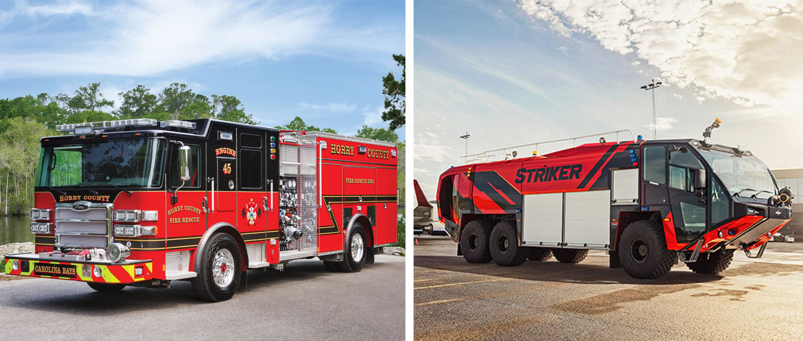 A side-by-side comparison of a municipal and airport fire truck, focusing specifically on the cab area.