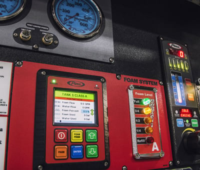 A close up image of the Husky foam system on a municipal fire truck. 