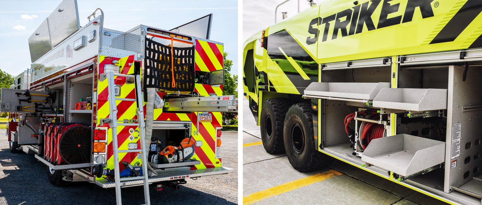 : A side-by-side image of a municipal fire truck and a Striker airport fire truck shows the differences in compartment placement and space. 