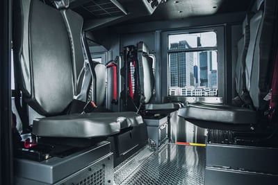 Fire truck interior showing CARE cleanable seats. 