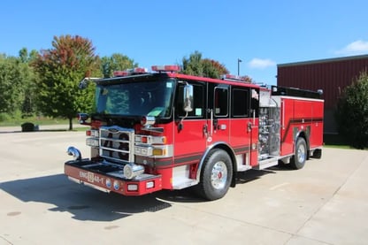 A red Pierce Enforcer Pumper fire truck, designated ENG 48-1, used by Hershey Volunteer Fire Company.