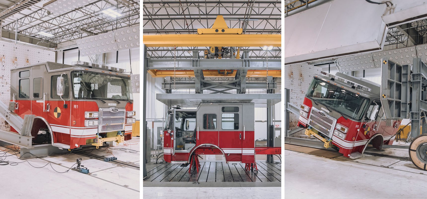 A three-frame photo shows the sequence of tests used to evaluate fire truck cab integrity: head-on collision, side roll and roof axle rating. 