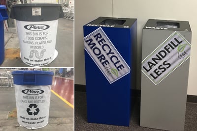 Recycling and waste bins located at Pierce Manufacturing promoting a sustainable work environment. 