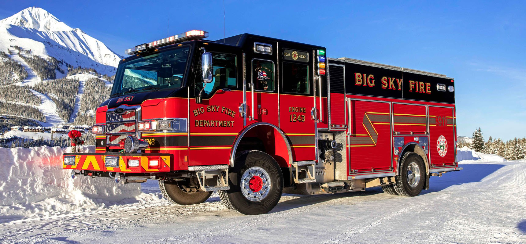 Pierce Manufacturing fire apparatus positioned on a snow-filled road, prepped and winterized for the cold-weather climate.