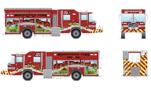 Digital renderings of the Pierce fire apparatus with graphic designs displayed to reflect the community and history of downtown Waukesha, WI. 