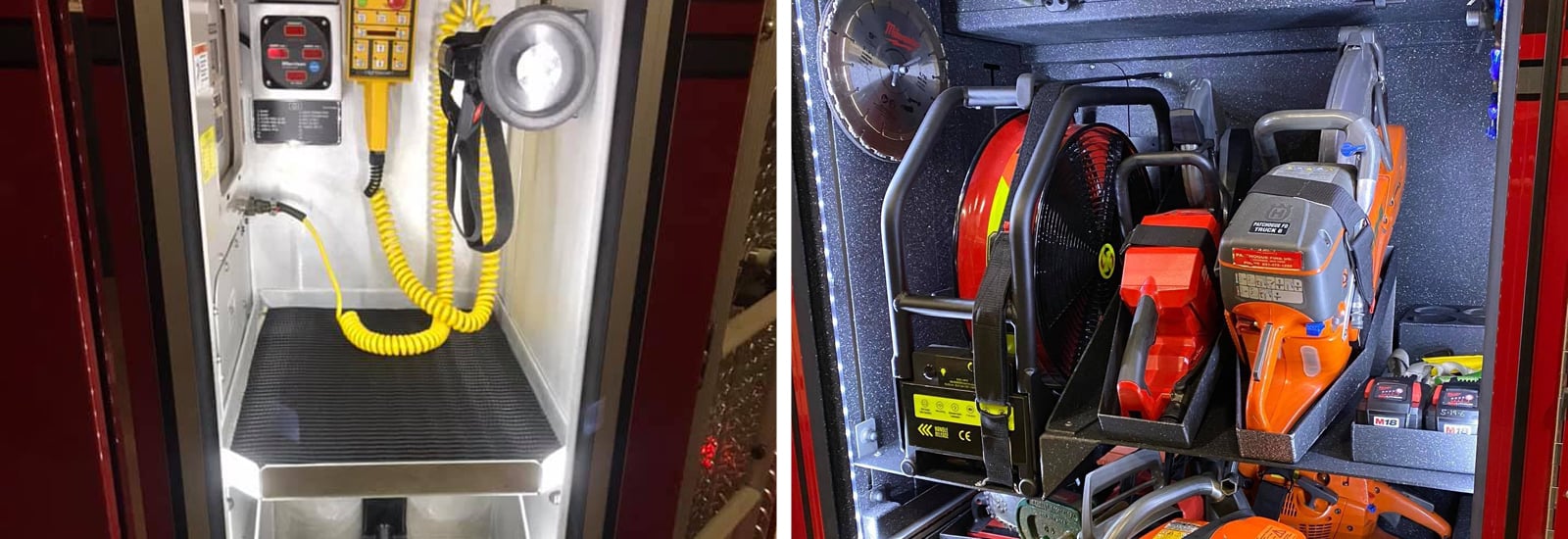 Two images show how compartment lighting can look on a fire truck.