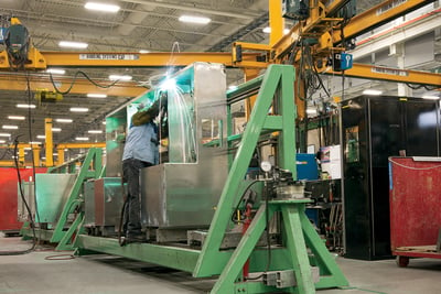 Parts of a fire truck body on the Pierce Manufacturing assembly line is welded.