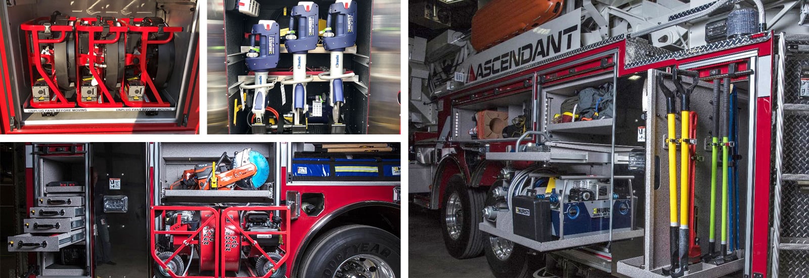 A collage of images shows how mounting brackets secure various tools on a fire truck. 