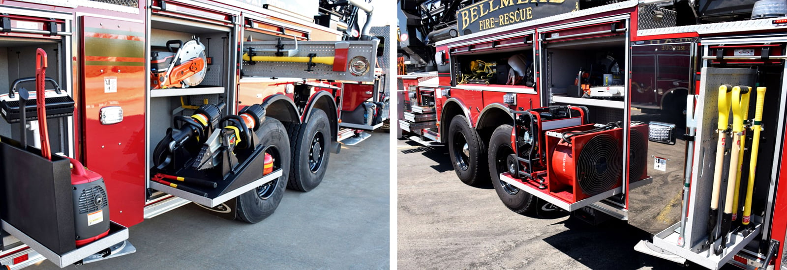 Two images show how peg boards and swing boards can be used to strategically store tools on a fire truck. 