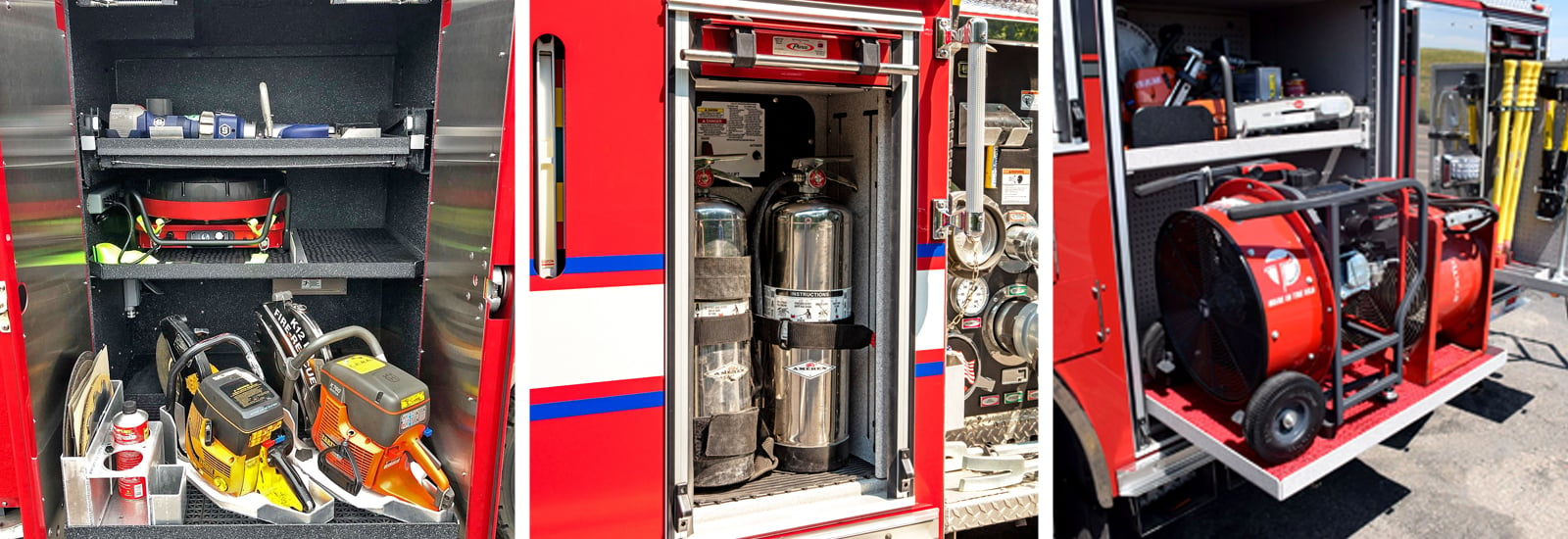 A three-frame picture collage shows several storage options on an aerial fire truck. 