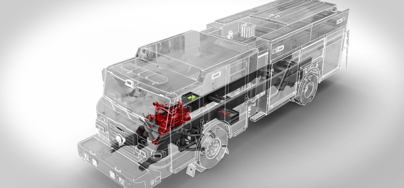 A fire truck rendering shows the placement of fire truck idle reduction technology, highlighting the system in color on a grey background.