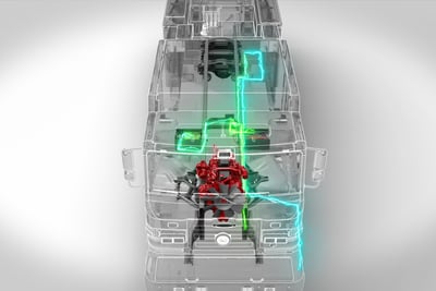 The Pierce idle reduction system is shown on a fire truck rendering with energy flowing through it to demonstrate how the system works. 