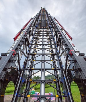 An extended Pierce aerial is pictured, showing a detailed look at the unique manufacturing process and configuration of the aerial. 