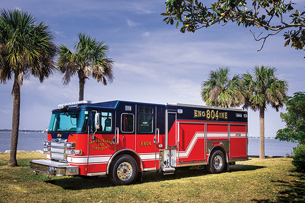 Pierce custom chassis fire truck in front of beach