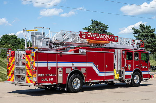 75' aerial ladder fire truck rear and officers side parked in the sun