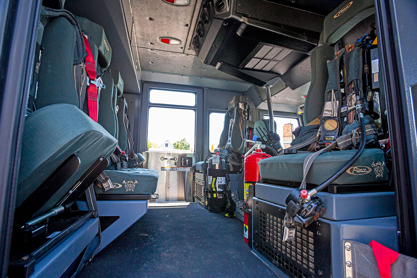 Interior crew cab seating on Enforcer custom fire truck chassis