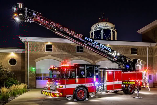Ascendant 110 Aerial Platform Fire Truck Extended over Building