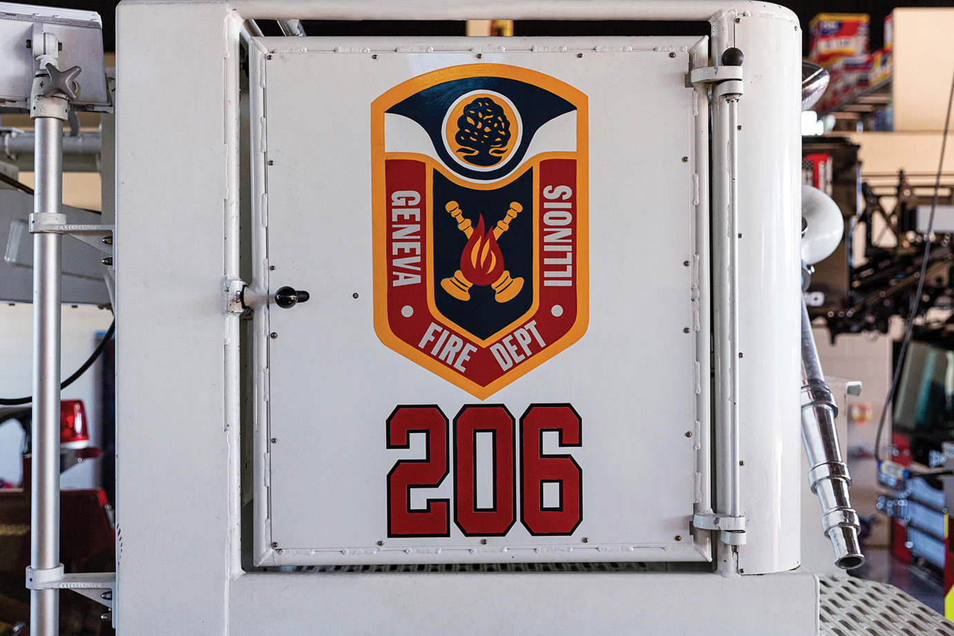 Custom graphic on basket of an Ascendant 110 Aerial Platform Fire Truck