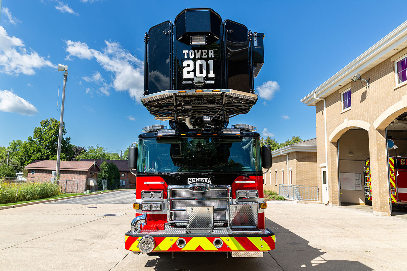 Front Bumper Storage on an Ascendant 110 Aerial Platform Fire Truck