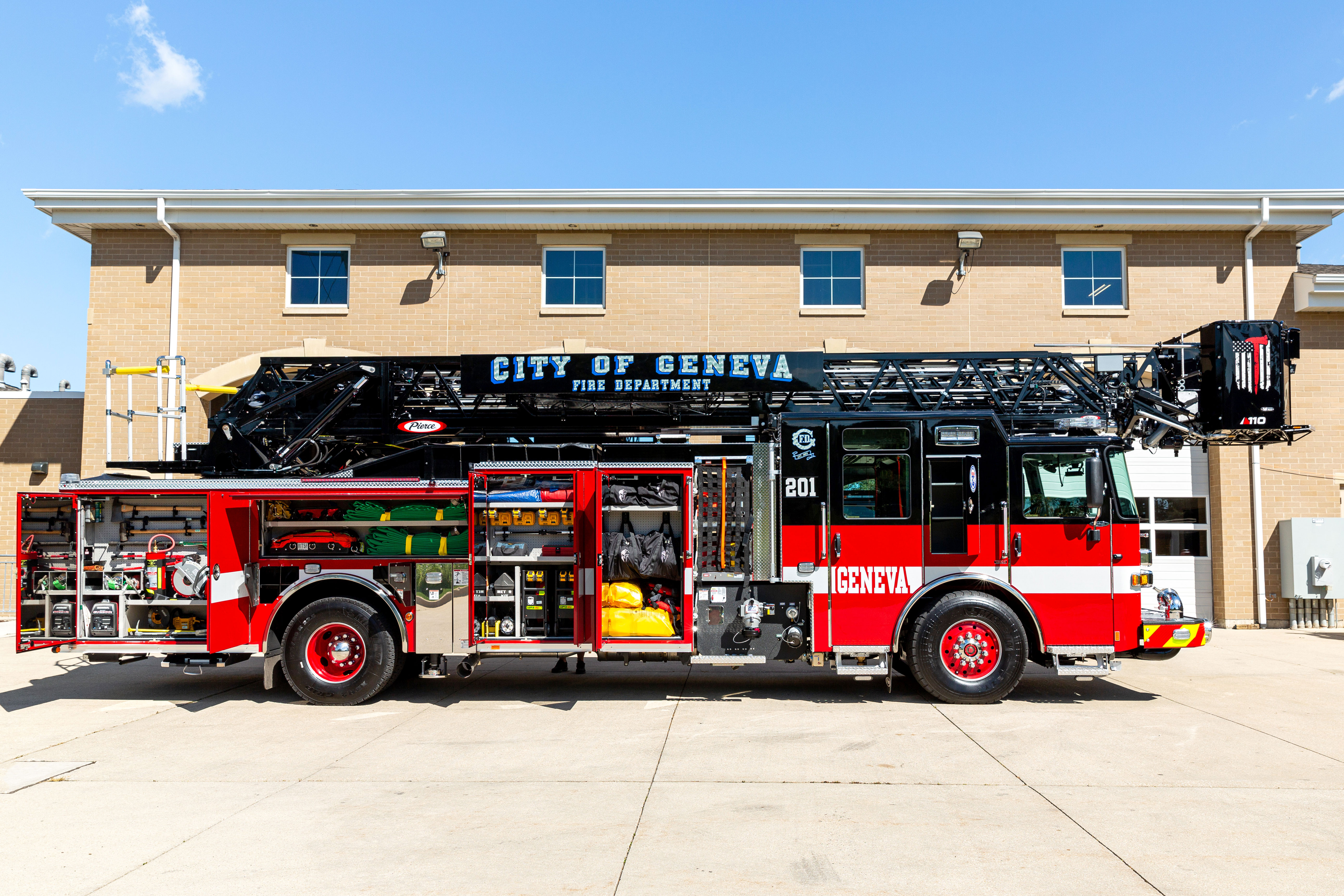 Officers side compartmentation Ascendant 110 Aerial Platform Fire Truck