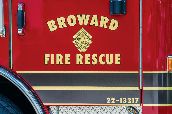 Custom Gold Leaf Fire Truck Graphics on Drivers Side Door of Broward Fire Rescue Florida