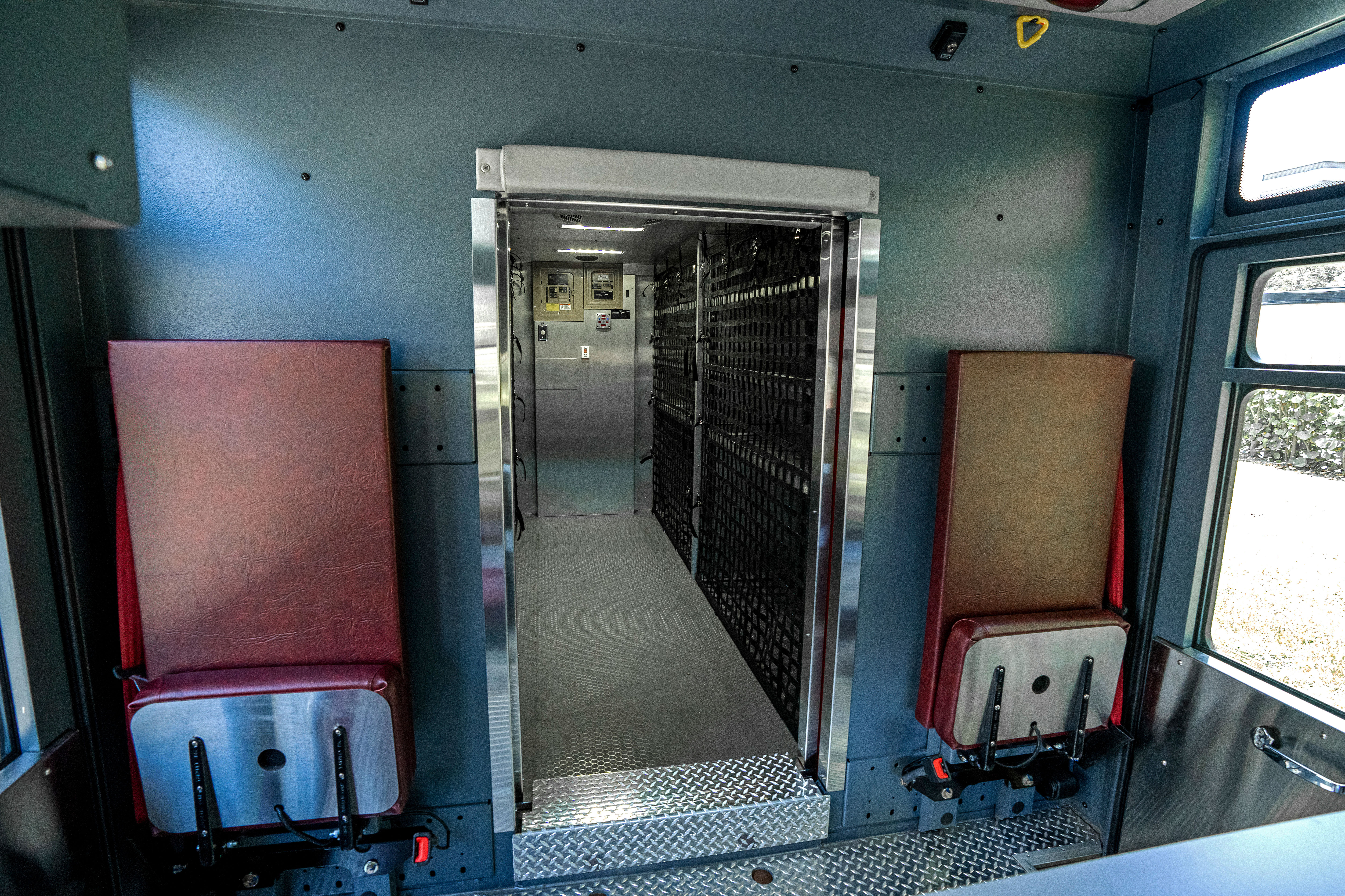 Interior walk-in area of rescue fire truck