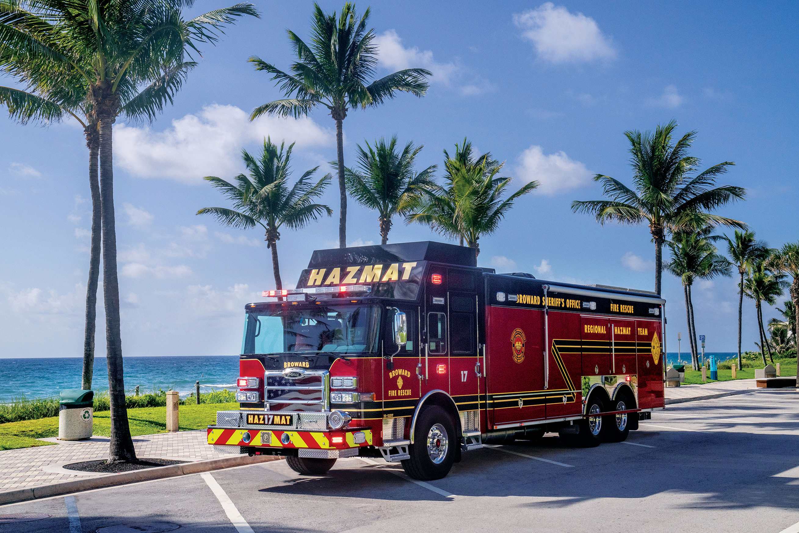 Combination Rescue Fire Truck Parked along beach in Florida on a mostly sunny day