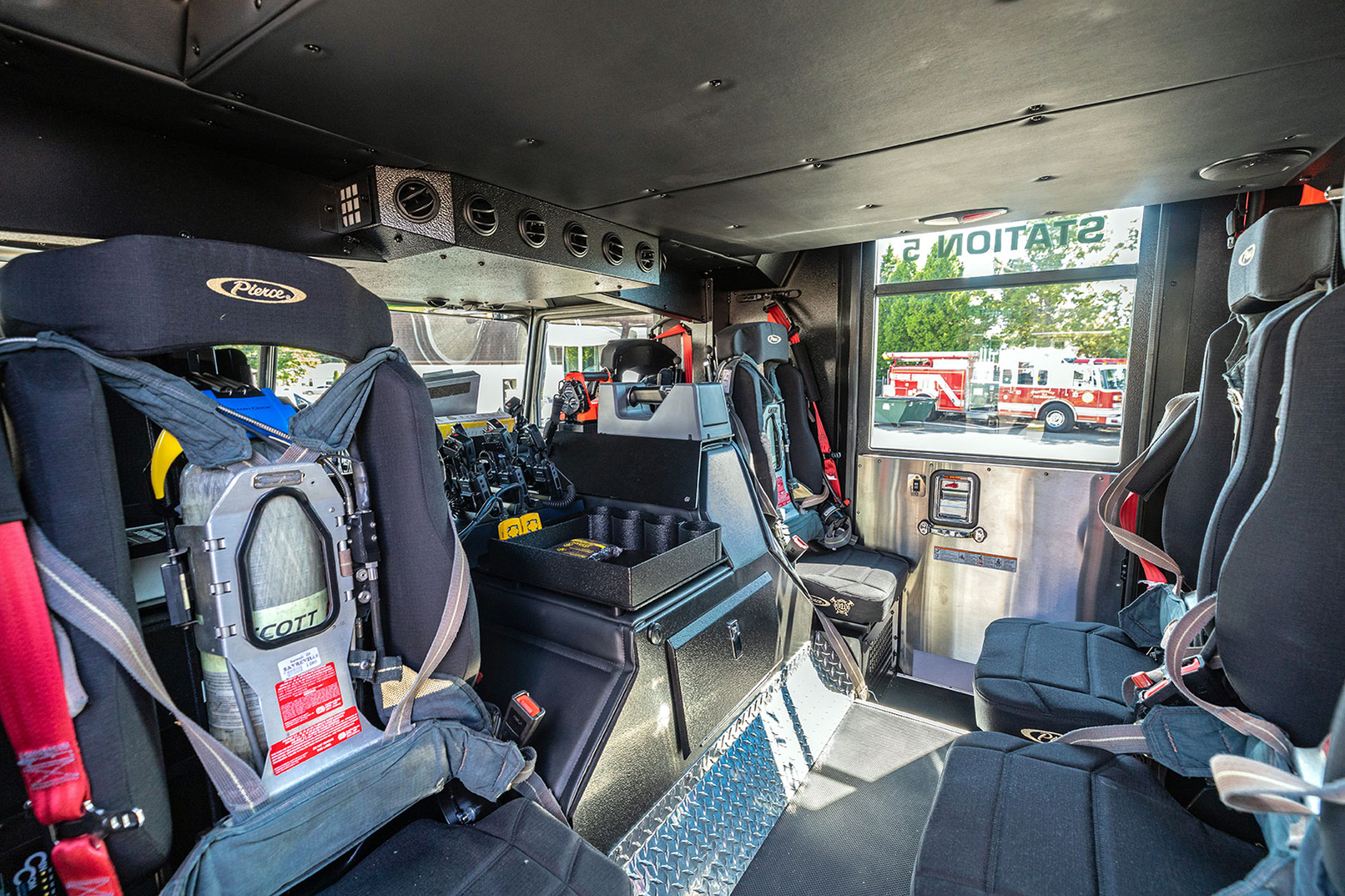 Interior crew cab of aerial fire truck