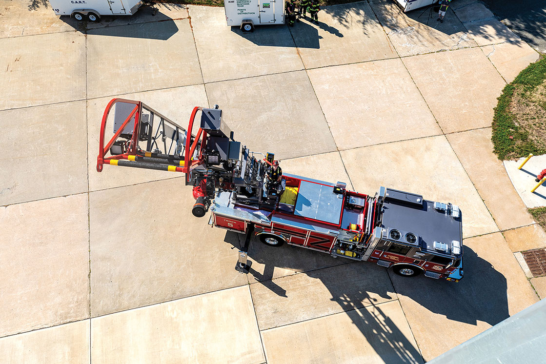 Overhead top of aerial fire truck with ladder fully extended